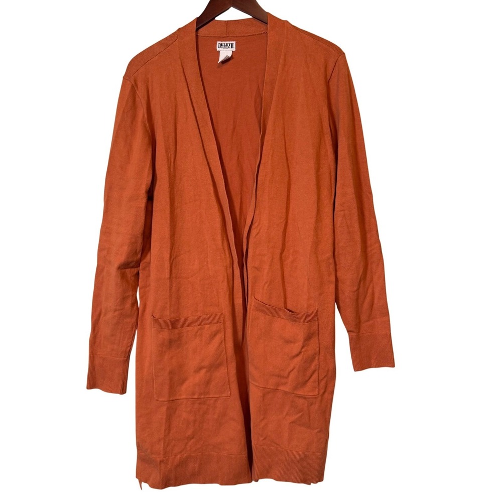 Duluth Trading Co Longline Cardigan Womens Medium Orange Open Front Pockets